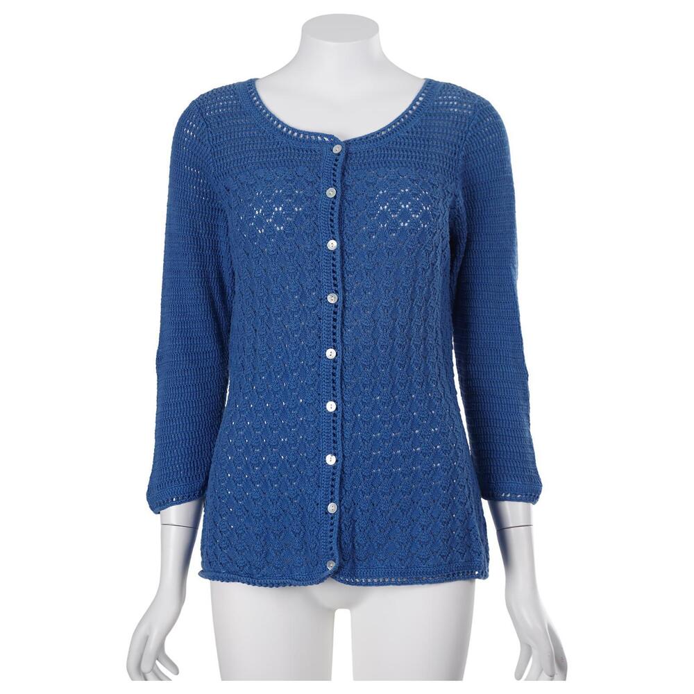 L.L. Bean Cardigan Women M Blue Linen Cotton Open Knit Button Front 3/4 Sleeve